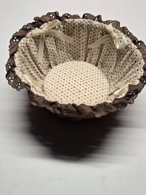 Handmade Cream & Brown Fabric Bread Basket with Ribbon Ties
